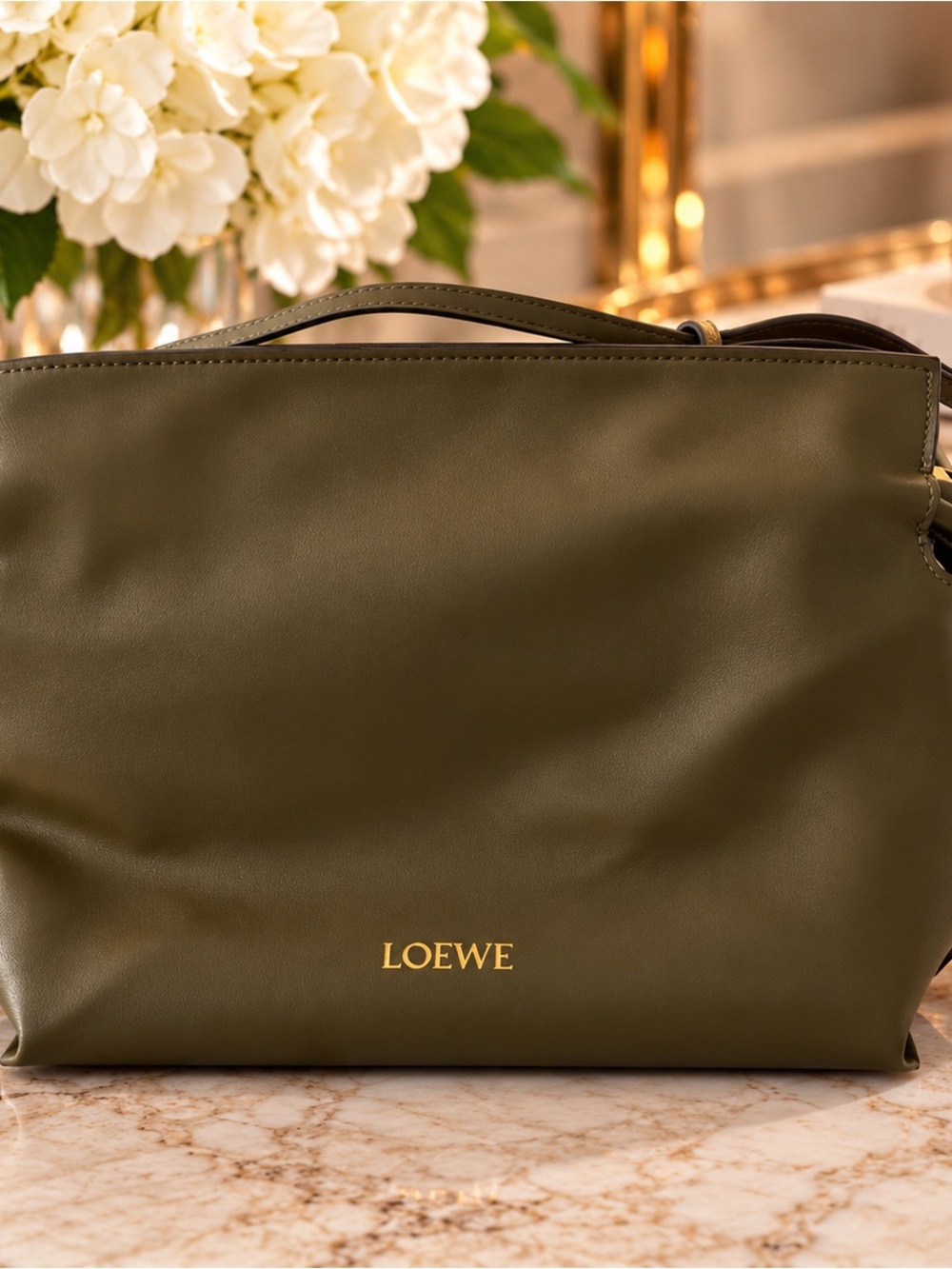Loewe Olive Green Leather Shoulder Bag with Gold Logo